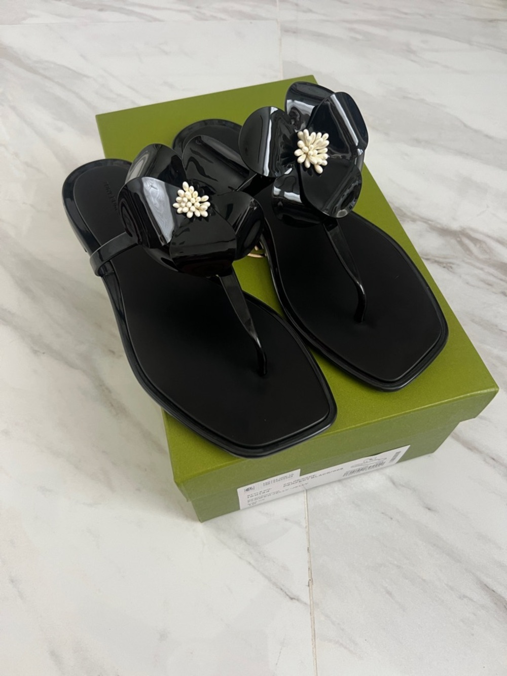 Tory Burch Black Floral Jelly Thong Sandals with Pearl Center